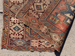 Rare Caucasian lesghi star prayer rug. Dated 1292 (1875). Nice Kufic border. Overall low pile with wear and some exposed foundation. All natural colors featuring nice greens and yellow highlights. Appears to  ...