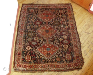 Antique South Persian rug. Very active design with all manner of creatures. Nice squarish size. Pile varies from medium to low. Could use a wash and some restoration. Late 19th c. rug.  ...