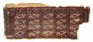 Early tekke mafrash. Indescribably elegant. Corroded magenta silk. Cotton whites. Deep blue greens. Fine like cloth. Damaged but not destroyed. First half 19th c. 12" x 31"       ...