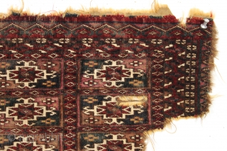 Early tekke mafrash. Indescribably elegant. Corroded magenta silk. Cotton whites. Deep blue greens. Fine like cloth. Damaged but not destroyed. First half 19th c. 12" x 31"       ...