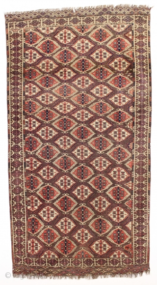 rare antique turkman chodor carpet in reasonably good condition. Unusually small size for a chodor carpet. As found, a bit dirty with mostly decent low pile, scattered tiny old wear spots and  ...