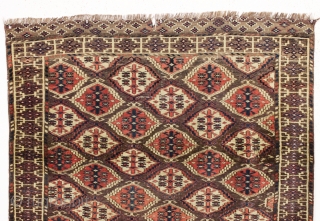 rare antique turkman chodor carpet in reasonably good condition. Unusually small size for a chodor carpet. As found, a bit dirty with mostly decent low pile, scattered tiny old wear spots and  ...