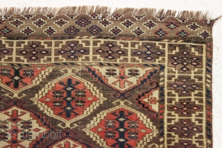 rare antique turkman chodor carpet in reasonably good condition. Unusually small size for a chodor carpet. As found, a bit dirty with mostly decent low pile, scattered tiny old wear spots and  ...