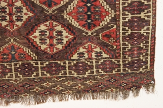 rare antique turkman chodor carpet in reasonably good condition. Unusually small size for a chodor carpet. As found, a bit dirty with mostly decent low pile, scattered tiny old wear spots and  ...