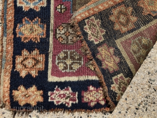 Antique east Anatolian yastik. Nice spacious drawing of this iconic design. Natural colors featuring a rich cochineal field and pretty greens. Somewhat rough condition with pile varying from good thick high to  ...
