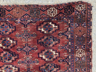 Antique yomud turkman chuval with fine weave, supple handle and beautiful old natural colors. Nice drawing featuring very delicate minor guls. Overall even low pile with scattered wear as shown. Edges unraveling.  ...