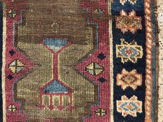 Antique east Anatolian yastik. Nice spacious drawing of this iconic design. Natural colors featuring a rich cochineal field and pretty greens. Somewhat rough condition with pile varying from good thick high to  ...