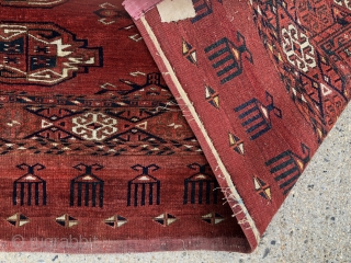 Antique large yomud turkman chuval in excellent condition with spacious drawing and a wonderful eye catching elem panel. Nice tight weave, good lustrous pile and rich natural colors including pretty yellow highlights.  ...