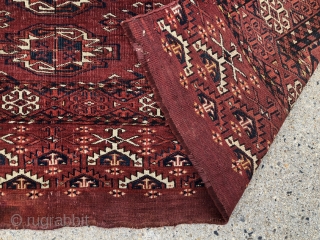 Antique large turkman chuval, yomud or kizil, in overall good condition and featuring an unusual complex and colorful elem panel. Overall even low pile with scattered light center wear. All natural colors  ...