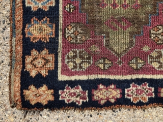 Antique east Anatolian yastik. Nice spacious drawing of this iconic design. Natural colors featuring a rich cochineal field and pretty greens. Somewhat rough condition with pile varying from good thick high to  ...