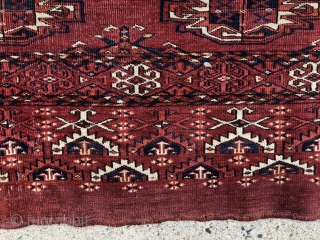 Antique large turkman chuval, yomud or kizil, in overall good condition and featuring an unusual complex and colorful elem panel. Overall even low pile with scattered light center wear. All natural colors  ...