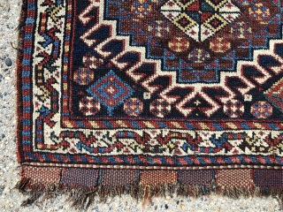 Antique pair of very pretty south Persian bagfaces assembled to make a small mat. Good overall pile with a nice range of natural colors. Ends have original closure tabs. Selvages a bit  ...