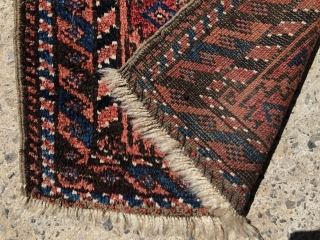 Antique Baluch balisht with full thick pile and good natural colors. Original selvages. Reasonably clean. Nice little weaving. ca. 1900. 17” x 35”.          