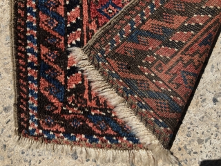 Antique Baluch balisht with full thick pile and good natural colors. Original selvages. Reasonably clean. Nice little weaving. ca. 1900. 17” x 35”.          