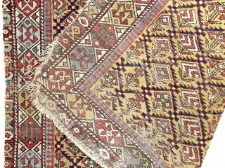 Antique yellow ground shirvan marasali prayer rug. Iconic little “birds” in the mihrab. Delicate lattice drawing with good variety of inset motifs. Overall very low pile with scattered wear and minor damages.  ...