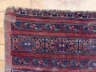 
Early large beshir chuval with classic banded design field and a particularly bold and beautiful elem panel. Some wear and roughness as shown. Puzzling edges. First impression is repaired sides but on  ...