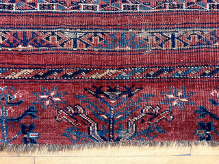 
Early large beshir chuval with classic banded design field and a particularly bold and beautiful elem panel. Some wear and roughness as shown. Puzzling edges. First impression is repaired sides but on  ...