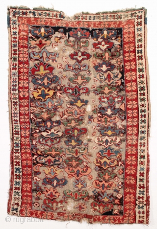 CHARMING LITTLE CAUCASIAN RUG. A VILLAGE INTERPRETATION OF THE BIJOV DESIGN.  HEAVY BLACK OXIDATION. ROUGH AS SHOWN. VIBRANT SATURATED COLORS. GOOD AGE, CA. 1880 OR EARLIER. MEASURES 3' 3"  X  ...