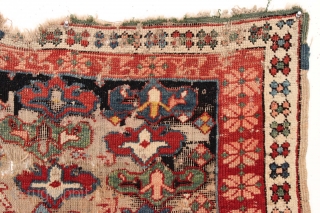 CHARMING LITTLE CAUCASIAN RUG. A VILLAGE INTERPRETATION OF THE BIJOV DESIGN.  HEAVY BLACK OXIDATION. ROUGH AS SHOWN. VIBRANT SATURATED COLORS. GOOD AGE, CA. 1880 OR EARLIER. MEASURES 3' 3"  X  ...