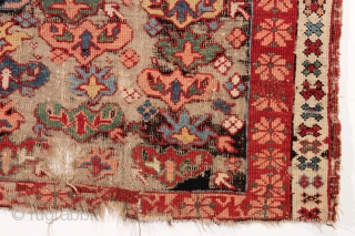 CHARMING LITTLE CAUCASIAN RUG. A VILLAGE INTERPRETATION OF THE BIJOV DESIGN.  HEAVY BLACK OXIDATION. ROUGH AS SHOWN. VIBRANT SATURATED COLORS. GOOD AGE, CA. 1880 OR EARLIER. MEASURES 3' 3"  X  ...