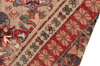 CHARMING LITTLE CAUCASIAN RUG. A VILLAGE INTERPRETATION OF THE BIJOV DESIGN.  HEAVY BLACK OXIDATION. ROUGH AS SHOWN. VIBRANT SATURATED COLORS. GOOD AGE, CA. 1880 OR EARLIER. MEASURES 3' 3"  X  ...