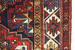 Antique veramin rug with good design and excellent colors. Several blues, a beautiful saturated red and pretty natural browns. Overall good condition with thick even pile. One end unraveling and could use  ...