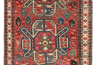 Antique lenkoran long rug in overall good condition. Classic design done with a flare, the angled medallions seem to be swimming and wiggling down through the field. Vibrant all natural colors including  ...