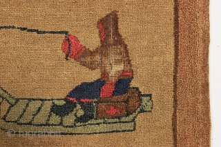 antique grenfell mat. Pretty little pictorial example found in New England. Reasonably clean with a small area shown that could use a little repair. early 20th c. 19" x 32"   