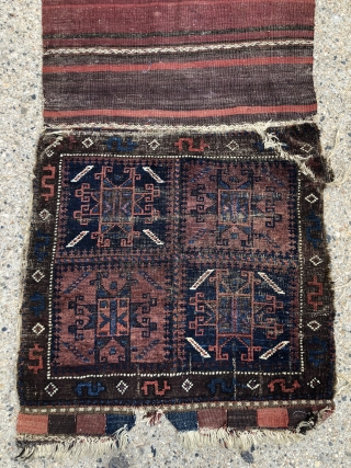 Antique original complete pair of Baluch bags as woven with an interesting very uncommon design including terrific “money” borders. Overall low pile with scattered wear and heavy oxidation as shown. All natural  ...