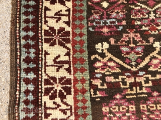 Antique Caucasian karrabagh bagface with good pile and all natural colors. Typical karrabagh use of cochineal red and pretty greens. Original selvages and remnant kelim end. I see one very small crude  ...