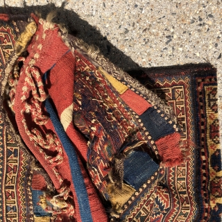 Antique complete original pair of soumak bags. Interesting design including nice pile skirts. Overall very good condition with original goat hair wrapped selvages and colorful closure tabs. Original decorative back with a  ...