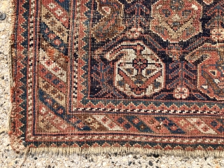 Antique afshar trapping or wide bag with classic boteh design. Somewhat uncoformst. Unfortunately in truly rough condition with overall heavy wear, edge unraveling and at least one crudely sewn up little hole.  ...