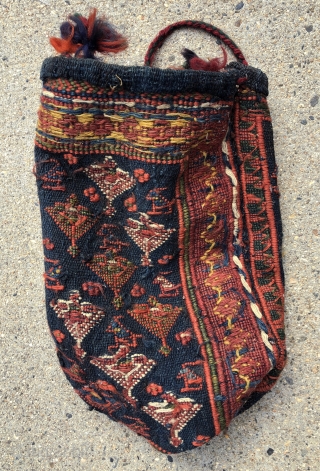 Antique complete small flat woven personal bag. Shahsavan? Charming little weaving with animals and trees on one side and diagonal bands of stylized plants on back. Appears to be mixed technique with  ...