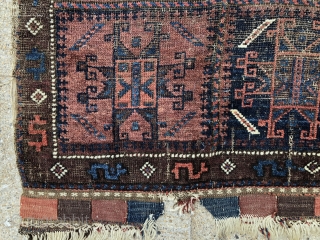 Antique original complete pair of Baluch bags as woven with an interesting very uncommon design including terrific “money” borders. Overall low pile with scattered wear and heavy oxidation as shown. All natural  ...