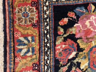 Antique little Persian bidjar mat in excellent condition with charming rose design field. Overall good high pile with typical thick bidjar weave. Lovely colors. Tiny little weaving packs a big punch. Reasonably  ...