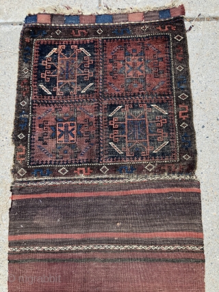 Antique original complete pair of Baluch bags as woven with an interesting very uncommon design including terrific “money” borders. Overall low pile with scattered wear and heavy oxidation as shown. All natural  ...