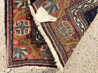 Antique little Persian bidjar mat in excellent condition with charming rose design field. Overall good high pile with typical thick bidjar weave. Lovely colors. Tiny little weaving packs a big punch. Reasonably  ...