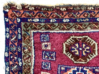 Antique little pile bagface with color and design of an east Anatolian Kurdish weaving but in an uncommon small squarish format. Mostly good thick pile. All good ver saturated colors. Remnant selvages  ...