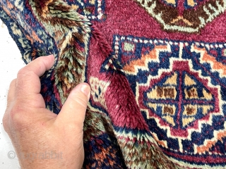 Antique little pile bagface with color and design of an east Anatolian Kurdish weaving but in an uncommon small squarish format. Mostly good thick pile. All good ver saturated colors. Remnant selvages  ...