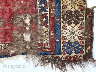 Antique Turkish village prayer rug. Early weaving ravaged by wolves. Priced accordingly. Mid 19th c. Or earlier. 3’2” x 4’3”             