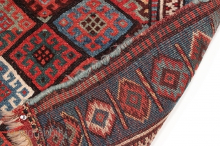 Antique Jaf Kurd bagface. Fine color and good design featuring an unusual light blue border. Large range of good natural colors. Mostly has nice thick pile, center has lower pile as shown.  ...