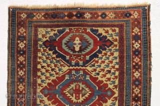 Antique small yellow ground kuba or seichour rug. Unusual field design. "As found", with nice even pile, very dirty with heavy brown oxidation. I see one very small finger size tear. Good  ...