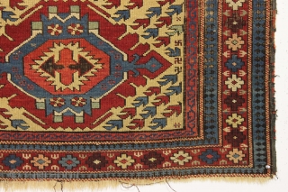 Antique small yellow ground kuba or seichour rug. Unusual field design. "As found", with nice even pile, very dirty with heavy brown oxidation. I see one very small finger size tear. Good  ...