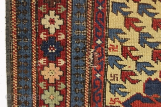 Antique small yellow ground kuba or seichour rug. Unusual field design. "As found", with nice even pile, very dirty with heavy brown oxidation. I see one very small finger size tear. Good  ...