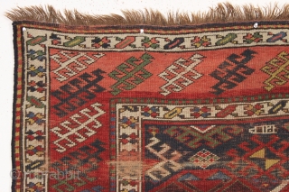 antique blue ground kazak with an allover design and a very unusual border. "as found", dirty with areas of wear as shown. Mostly fair even pile. Very fine saturated natural colors including  ...