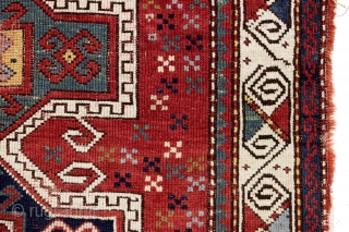 antique little kazak prayer rug. Interesting design featuring an eye catching border. All natural colors. inscribed date. As found with wear and slight edge roughness as shown. Restorable. Good age, ca. 1885.  ...