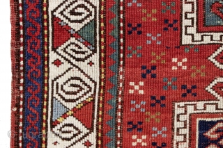 antique little kazak prayer rug. Interesting design featuring an eye catching border. All natural colors. inscribed date. As found with wear and slight edge roughness as shown. Restorable. Good age, ca. 1885.  ...