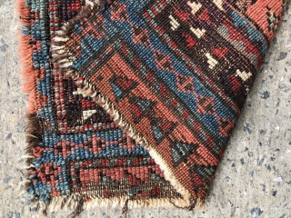 Antique little Anatolian yastik fragment. About 1/3 of an older uncommon yastik type. Beautiful natural colors. Low pile, wear and small sewn up damage as shown. Reasonably clean. Good age. 3rd qtr.  ...