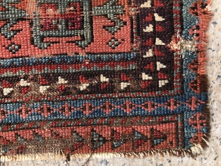 Antique little Anatolian yastik fragment. About 1/3 of an older uncommon yastik type. Beautiful natural colors. Low pile, wear and small sewn up damage as shown. Reasonably clean. Good age. 3rd qtr.  ...