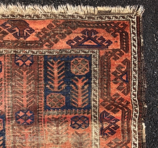 Antique Baluch rug with an interesting uncommon design. A version of the vine border I associate with older examples. In very rough condition but good enough for a study piece. Priced accordingly.  ...